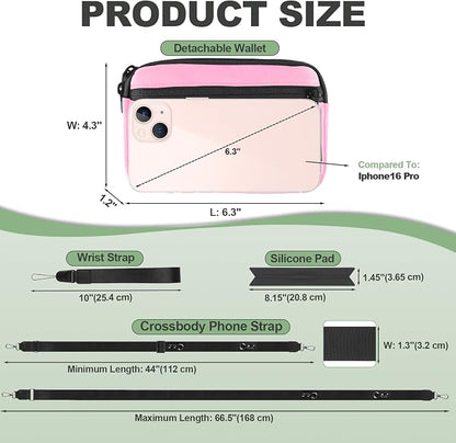 YFWE Clip and Go Strap for Phone with Wallet Crossbody, Adjustable Phone Lanyard with Detachable RFID Wristlet Wallet & Ultra-Thin 360° Rotatable Metal Tabs for All Smartphones (Pink)