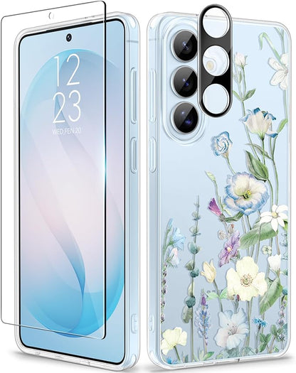 GVIEWIN for Samsung Galaxy S26 Case, Clear Floral Slim Shockproof Protective Women Phone Case, Non-Yellowing, with Screen Protector & Camera Lens Protector for Galaxy S26 6.3", Aquilegia/White