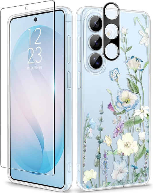 GVIEWIN for Samsung Galaxy S26 Case, Clear Floral Slim Shockproof Protective Women Phone Case, Non-Yellowing, with Screen Protector & Camera Lens Protector for Galaxy S26 6.3", Aquilegia/White