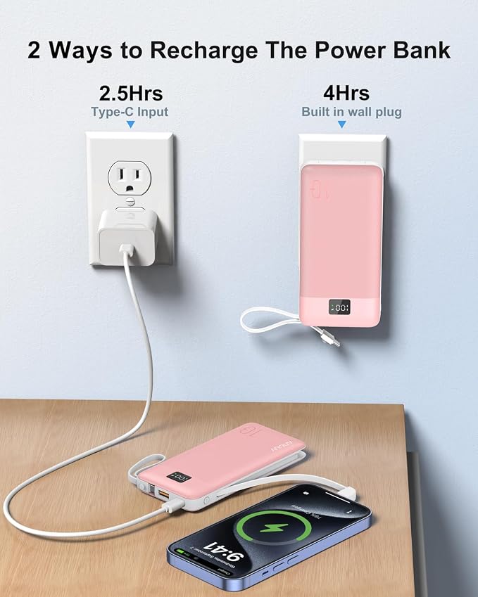 Portable Charger Built-in Cables and AC Wall Plug, 10000mAh 22.5W PD Fast Charging Power Bank, Lightweight Compact Battery Pack Travel Essentials for iPhone 17/16/15/14/13 Series,Samsung,Tablets