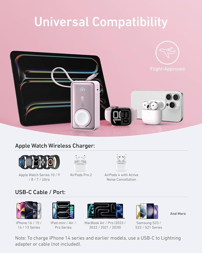 Anker MagGo Power Bank for Apple Watch, Officially Certified 10,000mAh Compact Battery Pack with Built-in USB-C Cable, 35W Max, for iPhone 15 Series, Samsung, iPad, AirPods, and More(Pink)