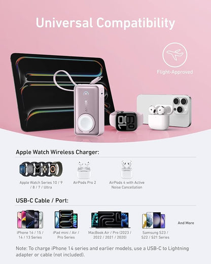 Anker MagGo Power Bank for Apple Watch, Officially Certified 10,000mAh Compact Battery Pack with Built-in USB-C Cable, 35W Max, for iPhone 15 Series, Samsung, iPad, AirPods, and More(Pink)