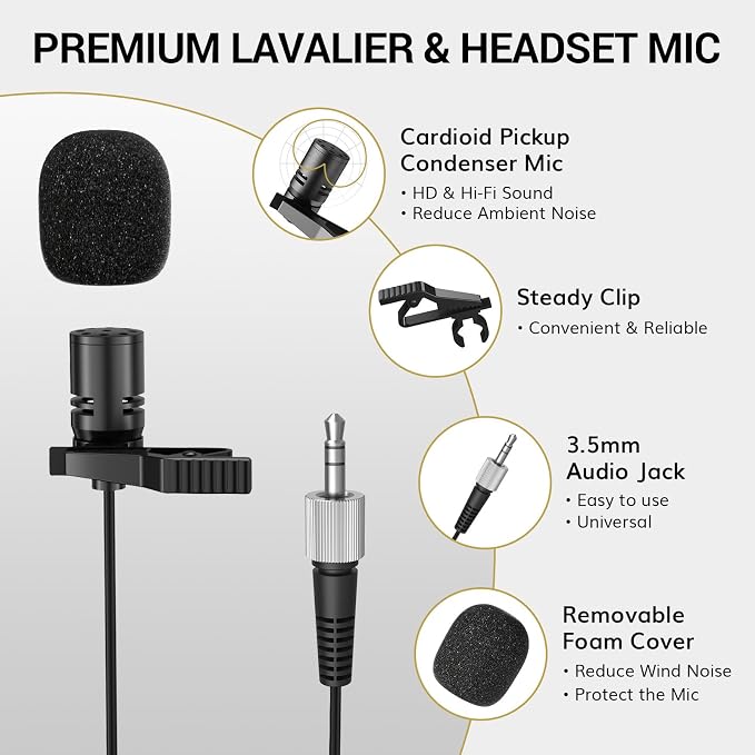 TONOR Wireless Microphones System with 8x12 Channels Headset/Lavalier Lapel Mics, Bodypack Transmitter, Receiver, 90 m/295ft UHF Range for Church Conference Performance Singing Karaoke PA Speaker