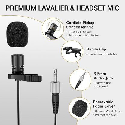 TONOR Wireless Microphones System with 8x12 Channels Headset/Lavalier Lapel Mics, Bodypack Transmitter, Receiver, 90 m/295ft UHF Range for Church Conference Performance Singing Karaoke PA Speaker