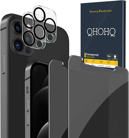 QHOHQ 2 Pack Privacy Screen Protector for iPhone 12 Pro 6.1" with 2 Packs Camera Lens Protector,Full Screen Tempered Glass Film,9H Hardness Anti-Shatter, Anti Spy, Touch Sensitive - Case Friendly