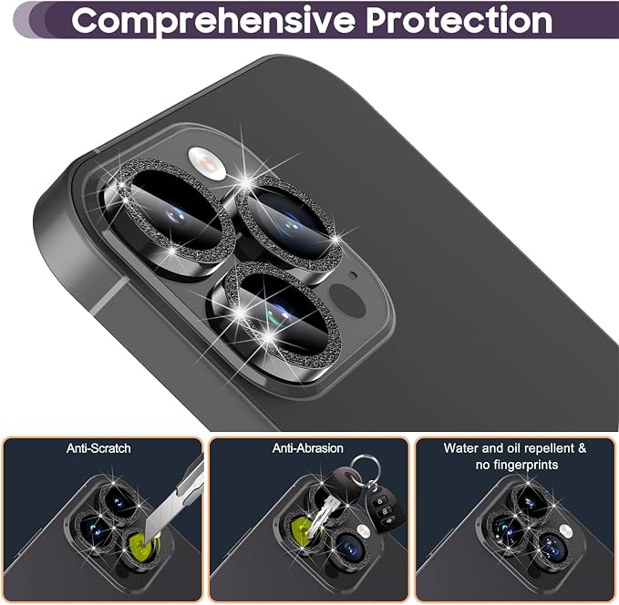Suoman for iPhone 14 Pro Max Camera Lens Protector / 14 Pro Camera Lens Protector, Camera Cover Tempered Glass for iPhone 14 Pro Max 6.7 inch/for iPhone 14 Pro 6.1 inch [Perfectly Fit] -Bling -Black