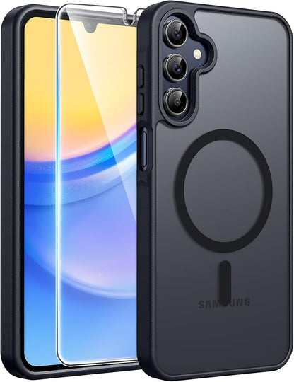 FNTCASE for Galaxy A15 5G Phone Case, Screen Protector, Black | Translucent Matte Magnetic Back, 14FT Military Grade Drop Protection, Shockproof Protective, for Samsung A 15 Cover