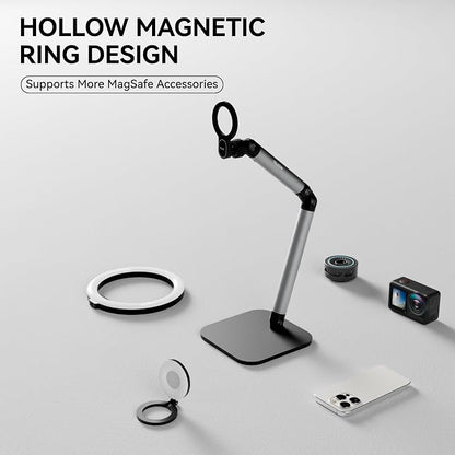 Phone Holder For Desk, With Magnetic Design, Tablet Stand for iPad, With Heavy Duty Metal Base, Desktop Stand Holder With 360° Rotation, Height & Angle Adjustable, For Video Calls, Vlog Recording