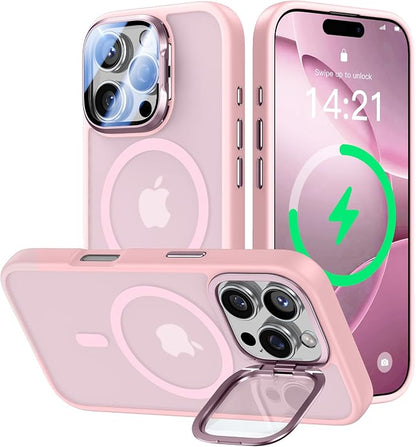 [Upgraded] for iPhone 16 Pro Max Case with Camera Cover Stand [Fit for MagSafe][9H Camera Lens Protector] Mil-Grade Protection Translucent Magnetic iPhone 16 Pro Max Phone Case, Pink