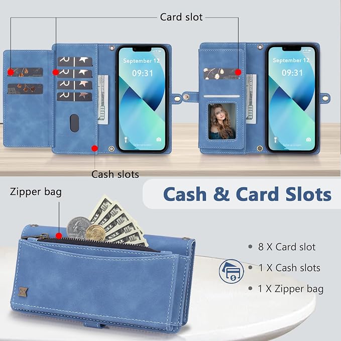 Wallet Case for iPhone 13 with Card Holder/Crossbody Wallet/Strap| RFID Blocking | Magnetic | Kickstand | Detachable | PU Leather Phone Case for iPhone 13,6.1 in,Sky Blue