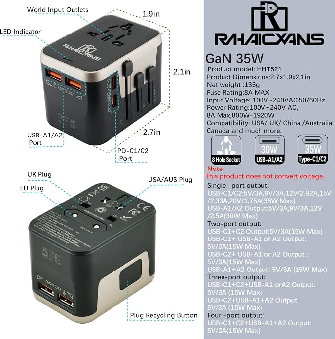 Worldwide 35W Travel Adapter Fast Charger 4-in-1 International Wall Plug with 2 USB-A & 2 USB-C Ports, All-in-One AC Outlet for US, UK, EU, AUS, Asia