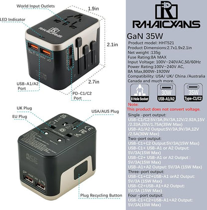 Worldwide 35W Travel Adapter Fast Charger 4-in-1 International Wall Plug with 2 USB-A & 2 USB-C Ports, All-in-One AC Outlet for US, UK, EU, AUS, Asia