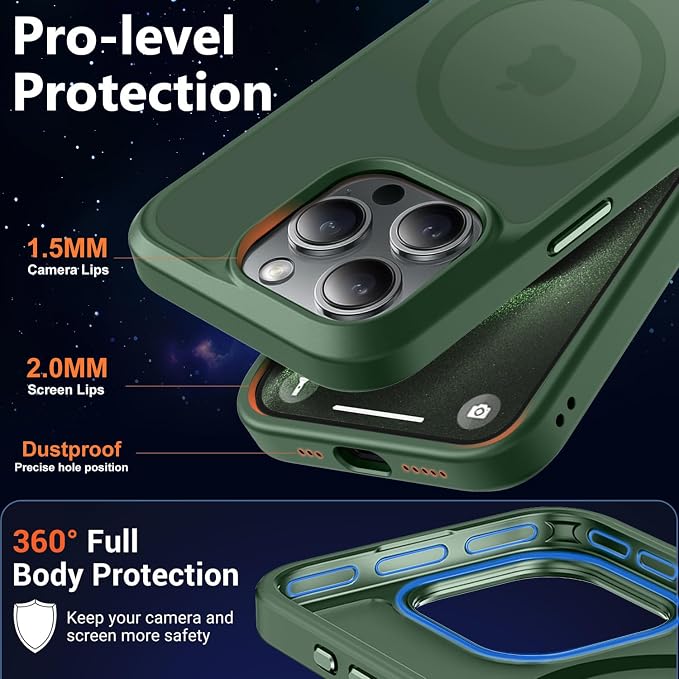 MOCCA Strong Magnetic for iPhone 15 Pro Case, [Compatible with Magsafe][13FT Military Drop Protection] Slim Translucent Matte Shockproof Case for iPhone 15 Pro Phone Case 6.1'', Midnight Green