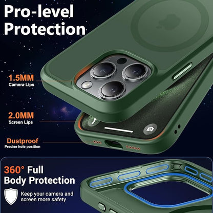 MOCCA Strong Magnetic for iPhone 15 Pro Case, [Compatible with Magsafe][13FT Military Drop Protection] Slim Translucent Matte Shockproof Case for iPhone 15 Pro Phone Case 6.1'', Midnight Green