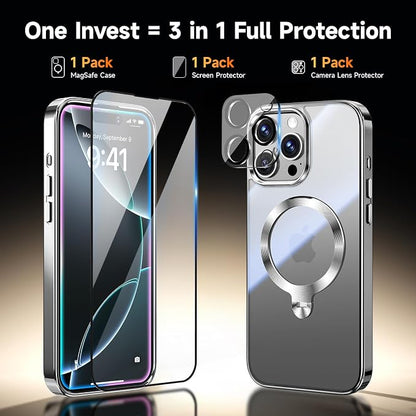 [Tri-Shield Protection] for iPhone 16 Pro Case with 360° Spin Stand Compatible with MagSafe [Magnetic CD Ring][Screen & Camera Lens Protector] Shockproof Plating Never-Yellowing, Natural Titanium-6.3"