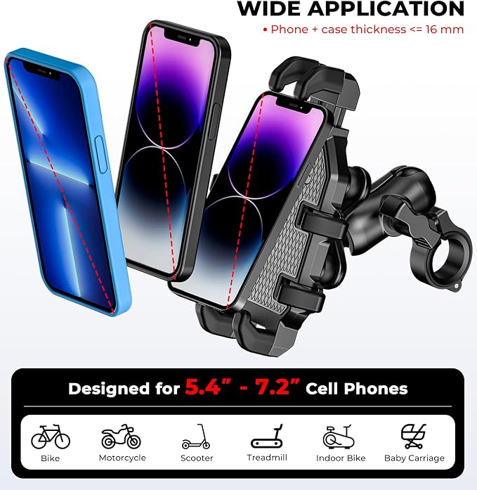 VAZESWIN Motorcycle Phone Mount with Vibration Dampener, Anti-Shake Bike Phone Holder with Aluminum Alloy Handlebar Clamp, One-Handed Operation Motorcycle Cellphone Mount Fit for 5.4"-7.2" Smartphone
