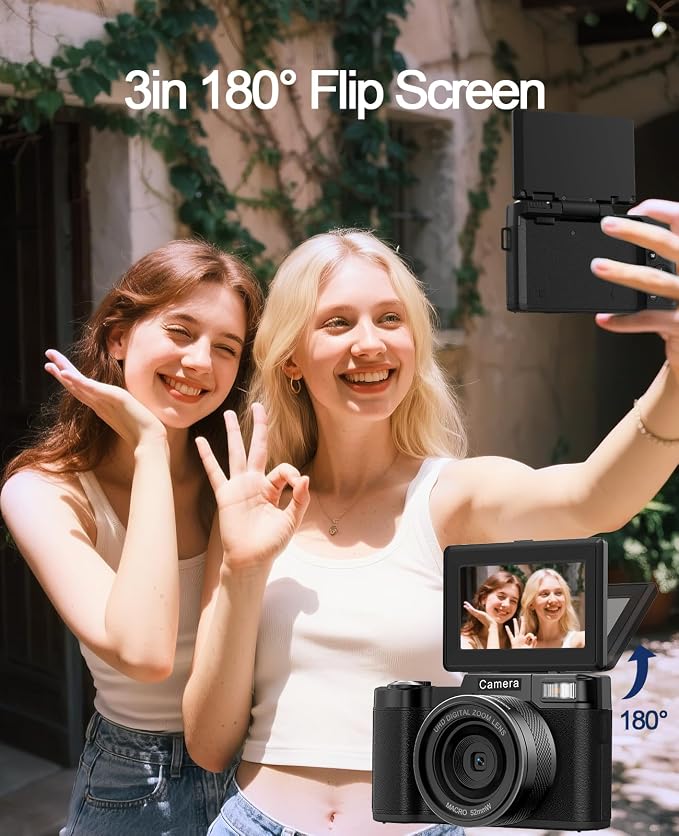 FLATIC 5K Digital Camera with WiFi, Cameras for Photography with 180°Flip Screen, Vlogging Camera with 64GB Card, Battery, Camera for Beginner, Teens