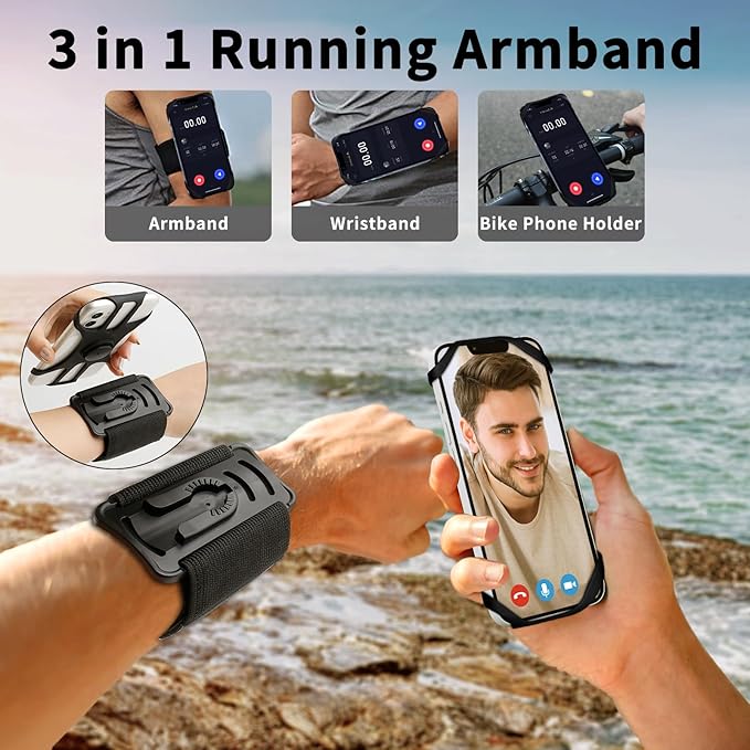 3in1 Running Sports Armband+Wristband+Bicycle Phone Holder,360° Rotation & Detachable Compatible with 4.5-7" Cellphone for iPhone 17/16/15/Pro/ProMax/14/13/mini/Pro Max/XS/XR