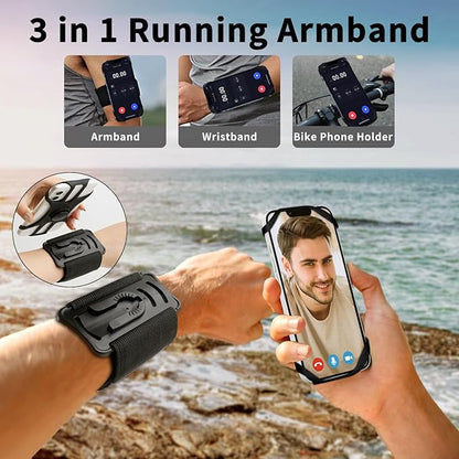3in1 Running Sports Armband+Wristband+Bicycle Phone Holder,360° Rotation & Detachable Compatible with 4.5-7" Cellphone for iPhone 17/16/15/Pro/ProMax/14/13/mini/Pro Max/XS/XR