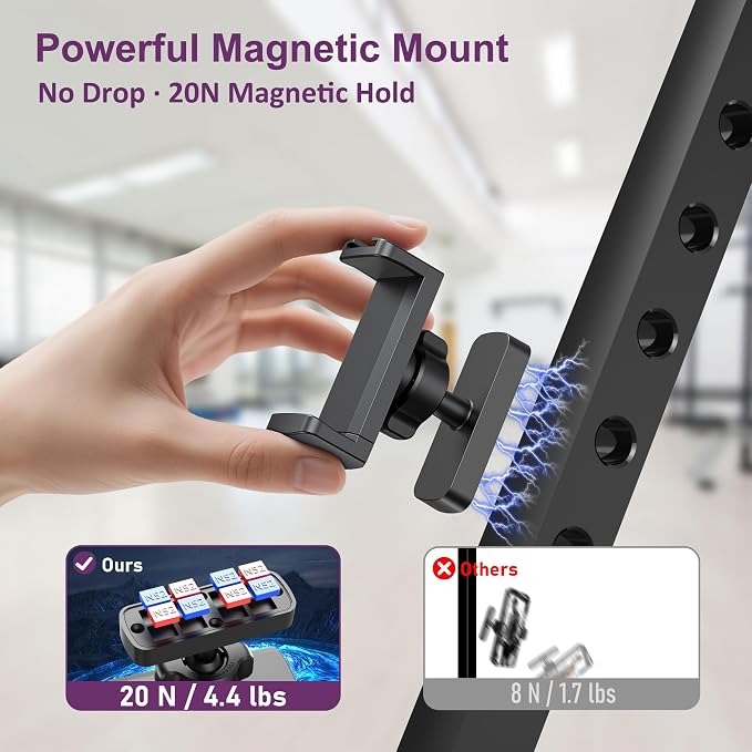 Magnetic Phone Holder for Gym, Magnet Gym Phone Mount w/ 6 x N52 Magnets, Home Workout Gym Accessories for Men Women, Quick Release Clamp, Thick-Case Friendly, Fits 4.7–7" iPhone 17/16/15/14 & Galaxy