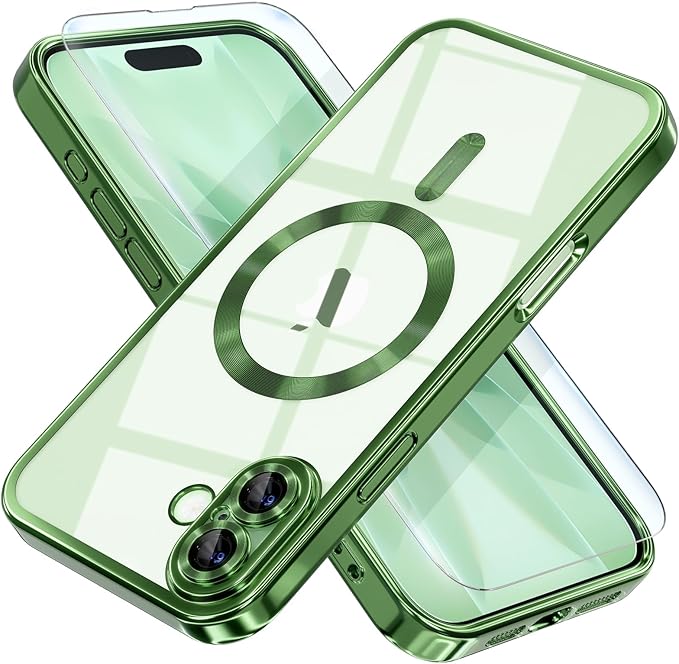 Misea Magnetic for iPhone 17 Case Compatible with MagSafe [Never Yellowing] [Military Grade Drop Protection] Full Camera Lens Protector Plating Soft Clear Phone Case for Women, Green