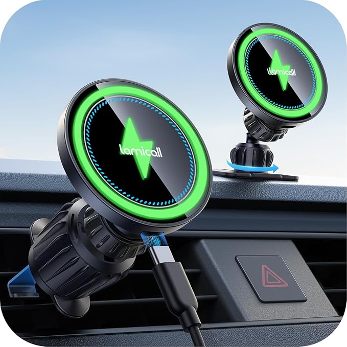 Lamicall 15W for MagSafe Car Mount Charger - [20X Strong Magnets] Wireless Car Phone Holder Charger, Magnetic Phone Holders for Car Vent Dash Accessories for Women Men for iPhone 17 Pro Max Black