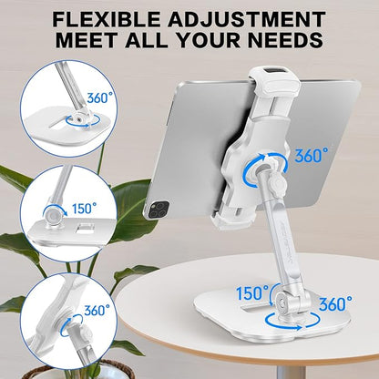 AboveTEK Upgraded Desktop Tablet Stand, 360° Swivel Tablet & Phone Desk Mount Holders for Any 4.7''-13.5'' Display iPad/Cell Phones, Stylish & Sturdy Stands for Store Office Showcase Reception (White)