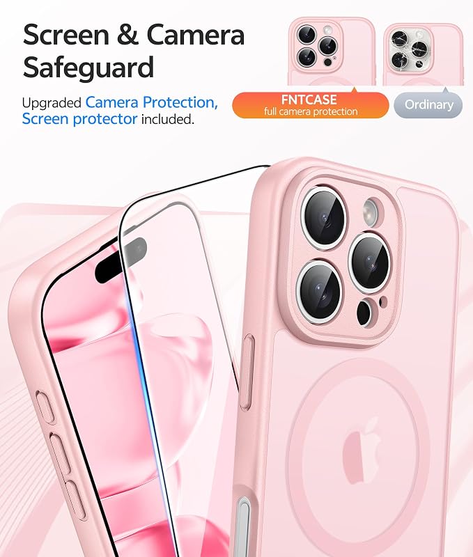 FNTCASE for iPhone 16 Pro Case: [Compatible with Magsafe] Translucent Matte Cases with [Full Camera Protection] [Screen Protector] Military Grade Shockproof Protective Phone Cover - Light Pink