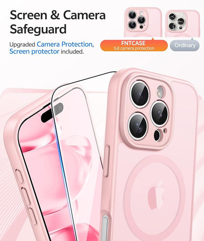 FNTCASE for iPhone 16 Pro Case: [Compatible with Magsafe] Translucent Matte Cases with [Full Camera Protection] [Screen Protector] Military Grade Shockproof Protective Phone Cover - Light Pink