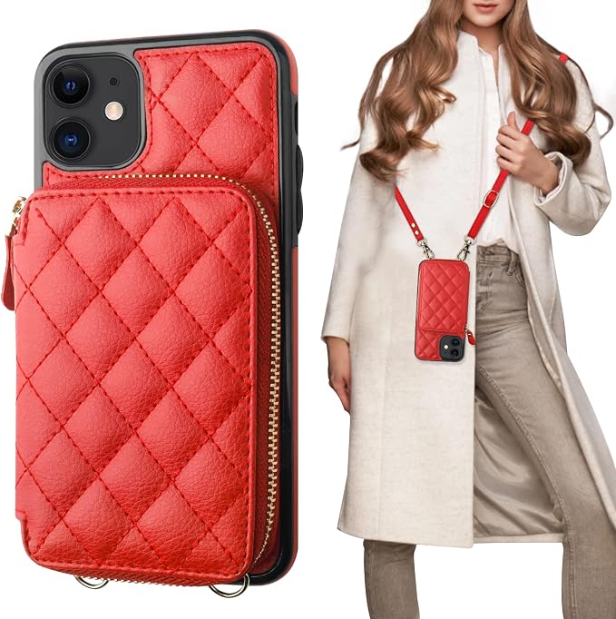 Bocasal Crossbody Wallet Case for iPhone 11, RFID Blocking PU Leather Zipper Handbag Purse Flip Cover, Kickstand Folio Case with Card Slots Holder Wrist Strap Lanyard 6.1 Inch (Red)