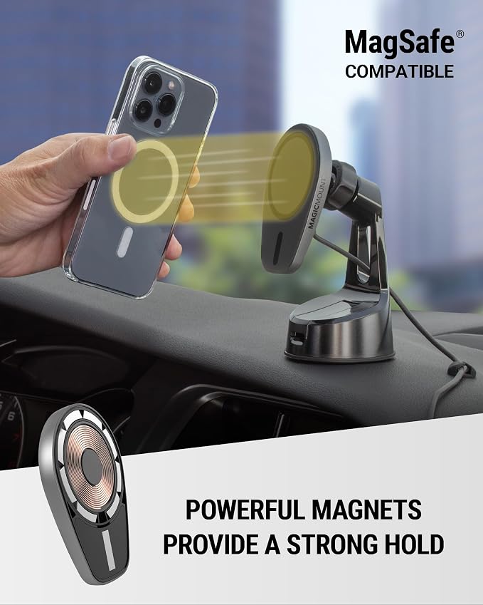 Scosche MPQMWD Charge Pro Qi2 MagSafe Charger Car Mount, 15W Fast Magnetic Wireless Charging Suction Cup Phone Holder for Dashboard/Windshield Compatible with iPhone 16/15/14/13/12 Pro Max Plus, S25