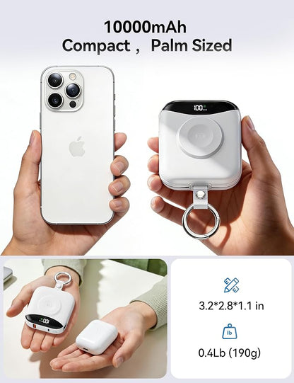 Portable Charger Power Bank, 10000mAh Fast Charging Power Bank with Built-in Cables, Travel Keychain Battery Pack with LED Display for iPhone Samsung Android iPad iWatch Charger 11/10/9/8/Ultra, White
