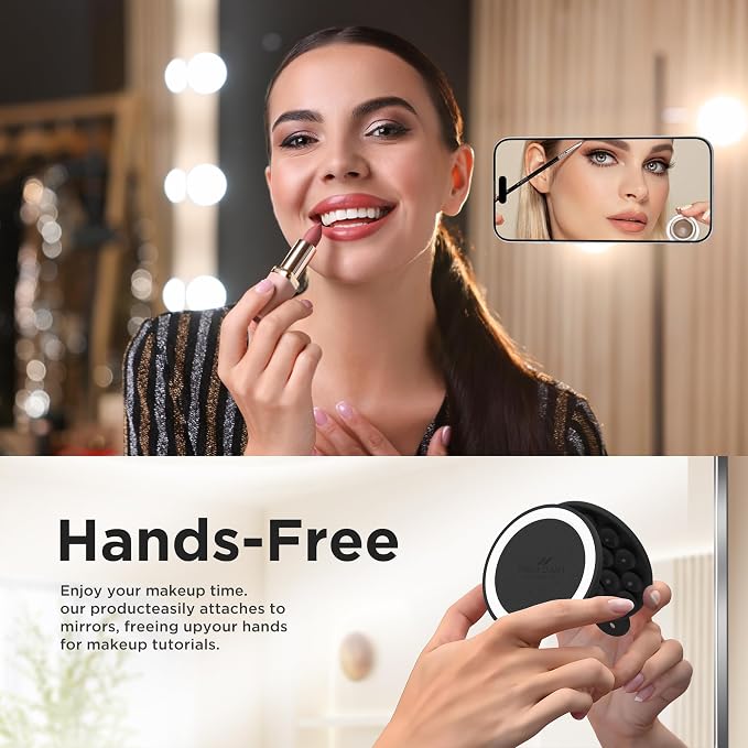 Magnetic Suction Cup Phone Mount with MagSafe, Silicone Hands-Free Grip Holder for iPhone Case and Android, Mirror Shower Phone Stand for Makeup FaceTime Gym Kitchen Bathroom, Black