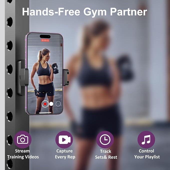 Magnetic Phone Holder for Gym, Magnet Gym Phone Mount w/ 6 x N52 Magnets, Home Workout Gym Accessories for Men Women, Quick Release Clamp, Thick-Case Friendly, Fits 4.7–7" iPhone 17/16/15/14 & Galaxy
