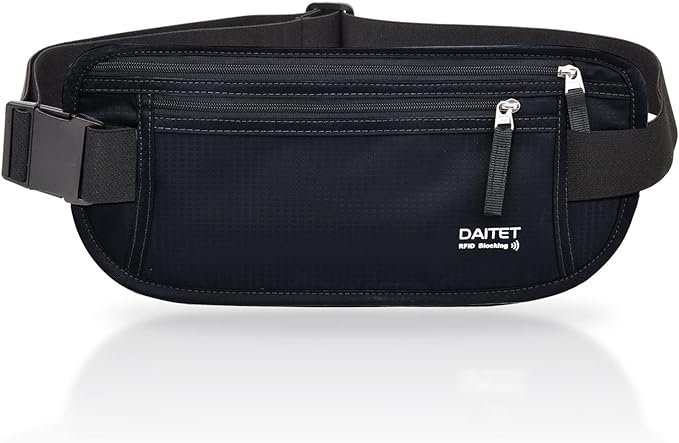 RFID Blocking Money Belt for Men Women, Slim Fanny Pack For Travel，Running,Conceal Waist Wallet For Passport Holder,Phone,Cash(Dark Black)