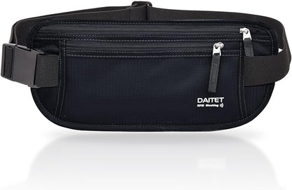 RFID Blocking Money Belt for Men Women, Slim Fanny Pack For Travel，Running,Conceal Waist Wallet For Passport Holder,Phone,Cash(Dark Black)