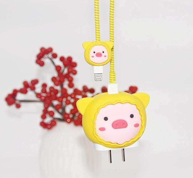 3D Cute Cartoon Charger Protector Case - Compatible for Apple 20W USB-C Power Adapter and Lightning Cable (Yellow Pig)