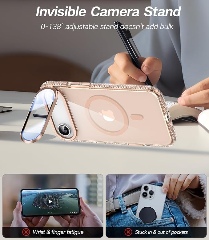 [Upgraded Full Camera Protection] for iPhone Air Case with Camera Cover Stand [Fit for MagSafe][10FT Mil-Grade Protection] Transparent Magnetic Phone Cover for iPhone 17 Air Case, Clear Gold