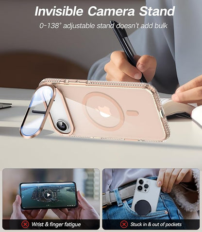 [Upgraded Full Camera Protection] for iPhone Air Case with Camera Cover Stand [Fit for MagSafe][10FT Mil-Grade Protection] Transparent Magnetic Phone Cover for iPhone 17 Air Case, Clear Gold