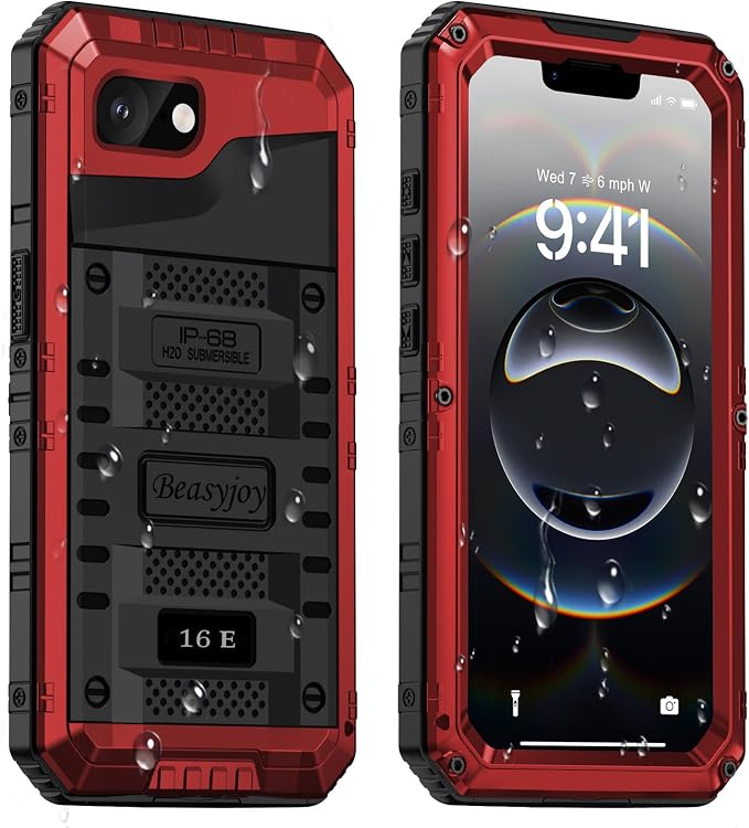 Beasyjoy for iPhone 16e Case/iPhone 17e Case Waterproof, Metal Heavy Duty Full Body Protective Case with Built-in Screen Protector, Military Grade Shockproof Cover for iPhone 16e/17e 6.1", Red