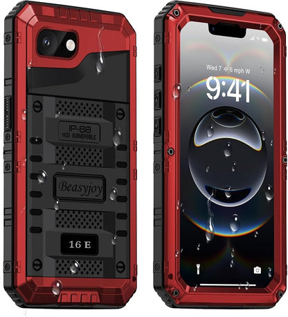 Beasyjoy for iPhone 16e Case/iPhone 17e Case Waterproof, Metal Heavy Duty Full Body Protective Case with Built-in Screen Protector, Military Grade Shockproof Cover for iPhone 16e/17e 6.1", Red