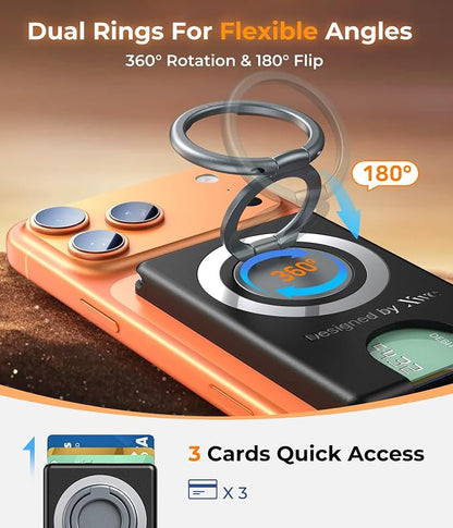 Compatible with Magsafe Wallet 3 Cards Holder [20X Strong Magnet] Magnetic Phone Grips Stand Mount Dual Ring 360° Rotation Desk Cellphone Fits for iPhone 17/16/15/14/13/12 Pro Max