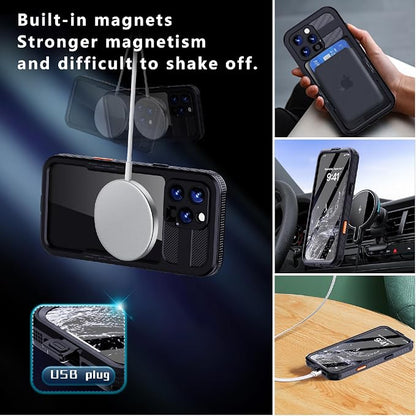 Guppy for iPhone 16 Pro Max Magnetic Waterproof Case, Built-in Screen Protector [IP68 Waterproof][14FT Military Drop proof]360° Full Body Protection Dustproof Shockproof Heavy Duty Rugged Case, Black