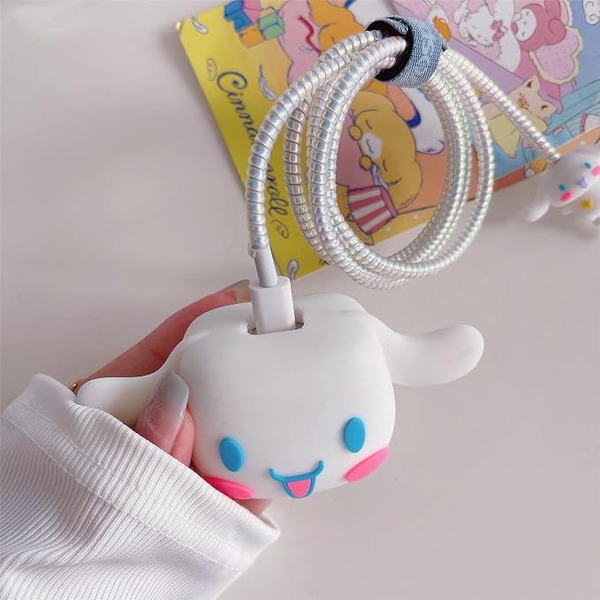 3D Cute Cartoon Charger Protector Case - Compatible for Apple 20W USB-C Power Adapter and Lightning Cable, No.12(4 in1)