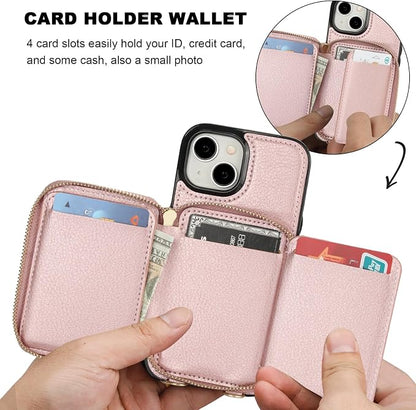 Bocasal RFID Blocking Wallet Case for iPhone 15, Adjustable Crossbody Zipper Purse Case Card Holder with Kickstand Detachable Wrist Strap, PU Leather Flip Folio Case 6.1 Inch 5G (Rose Gold)
