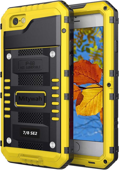 Mitywah Waterproof Case for iPhone SE 2020, Heavy Duty Military Grade Armor Metal Case, Full Body Protective Rugged Shockproof Thick Dustproof Strong Case for iPhone SE 2nd Generation, Yellow