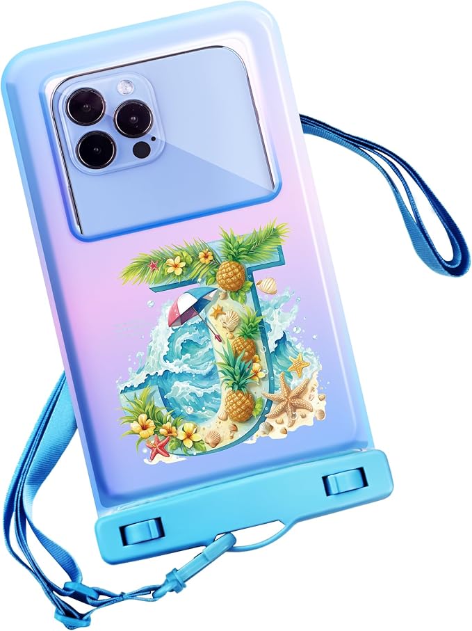 Personalized Initial Waterproof Phone Pouch Case - IPX8 Cellphone Dry Bag with Lanyard for iPhone 16/15/14/13/12 Pro Max (6.1–6.9"), Beach & Cruise Ship Essentials with Monogrammed Design (Blue, J)
