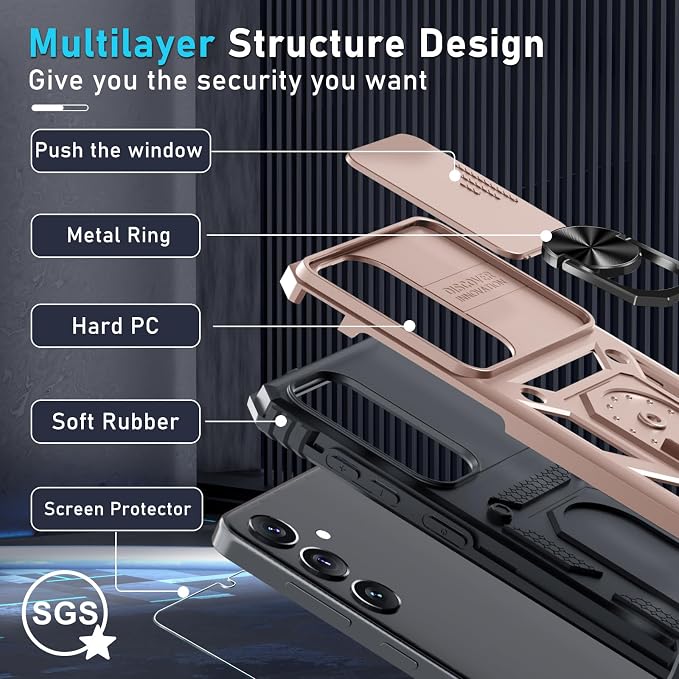 Janmitta Compatible with Samsung Galaxy S25 Plus/S24 Plus Case Built in Slide Camera Lens Cover+Screen Protector+Finger Ring Holder Kickstand,Heavy Duty Shockproof Full Body Phone Cover,Rose Gold