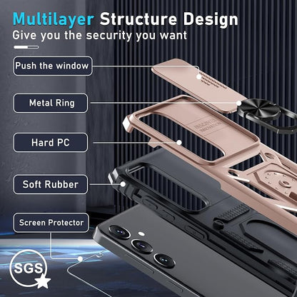Janmitta Compatible with Samsung Galaxy S25 Plus/S24 Plus Case Built in Slide Camera Lens Cover+Screen Protector+Finger Ring Holder Kickstand,Heavy Duty Shockproof Full Body Phone Cover,Rose Gold