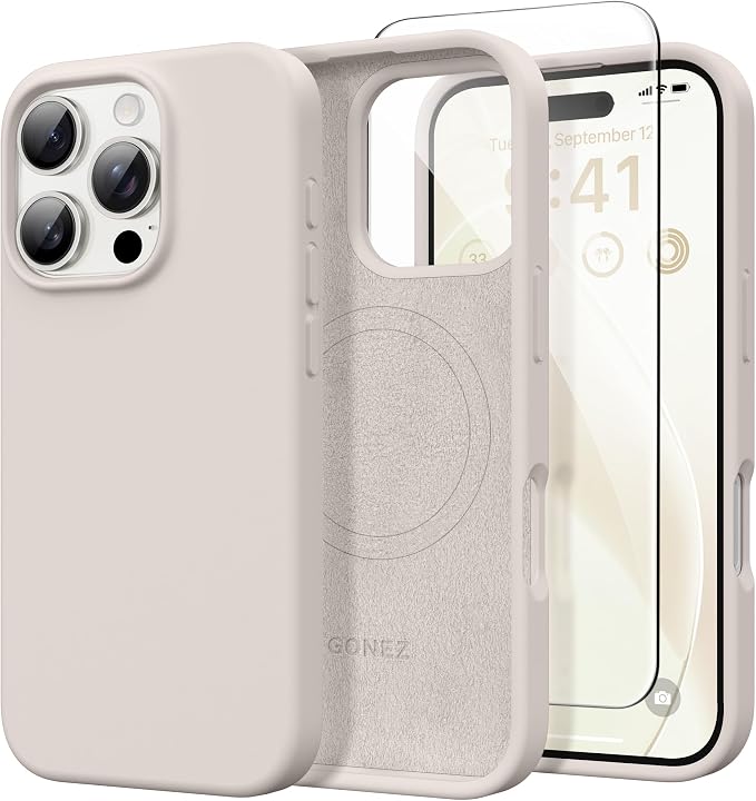 GONEZ Magnetic for iPhone 16 Pro Max Case, Compatible with MagSafe, Liquid Silicone Case, with Screen Protector + Camera Protector, Full Body Protective Shockproof Phone Cover 6.9", Stone